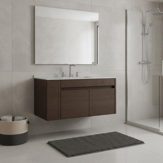 36" Brown Wood Floating Double Door Bathroom Vanity With White Ceramic Sink
