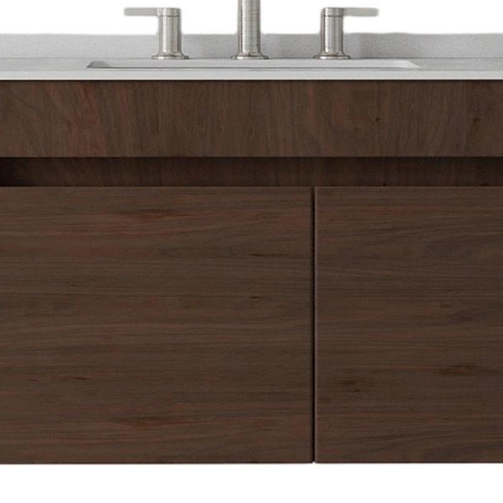 36" Brown Wood Floating Double Door Bathroom Vanity With White Ceramic Sink — view 3