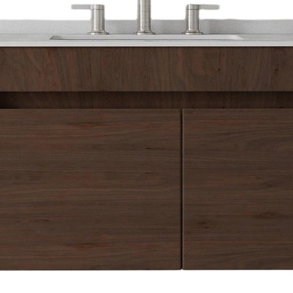 36" Brown Wood Floating Double Door Bathroom Vanity With White Ceramic Sink — view 4