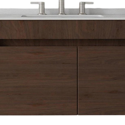 36" Brown Wood Floating Double Door Bathroom Vanity With White Ceramic Sink HomeRoots