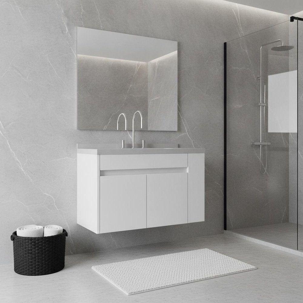 36" White Wood Floating Double Door Bathroom Vanity With Ceramic Sink — view 1