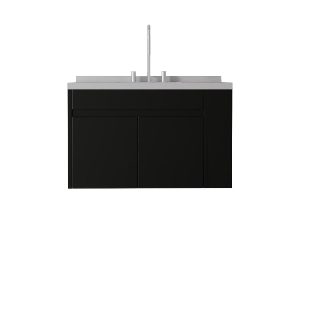 36" Black Wood Floating Double Door Bathroom Vanity With White Ceramic Sink HomeRoots