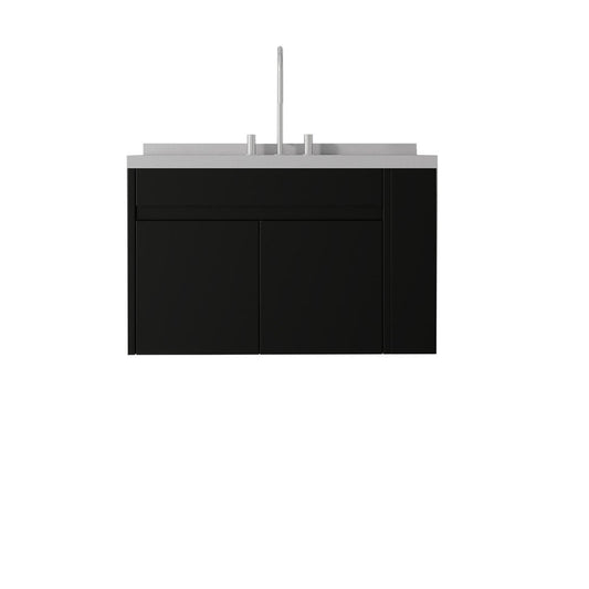 36" Black Wood Floating Double Door Bathroom Vanity With White Ceramic Sink