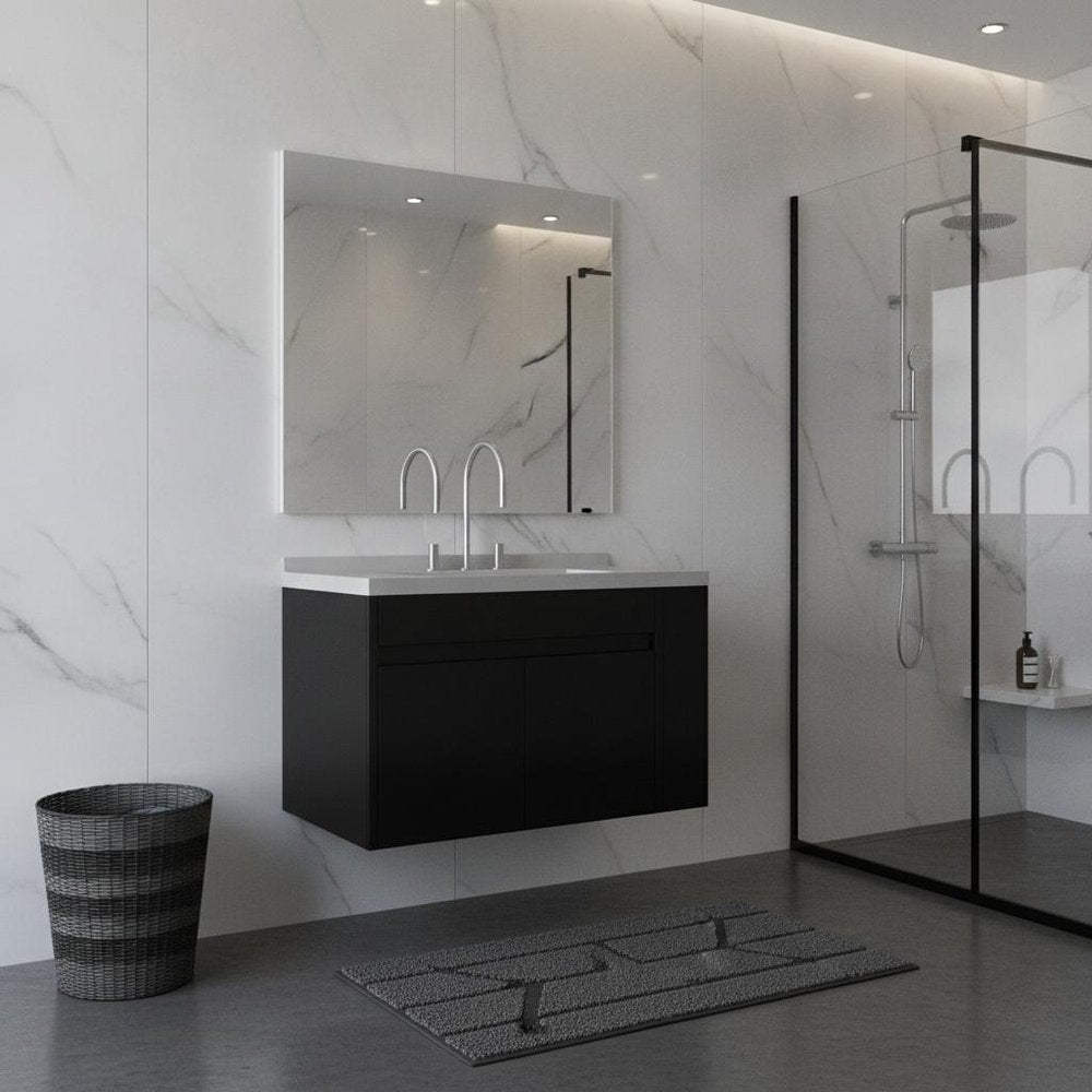 36" Black Wood Floating Double Door Bathroom Vanity With White Ceramic Sink — view 2