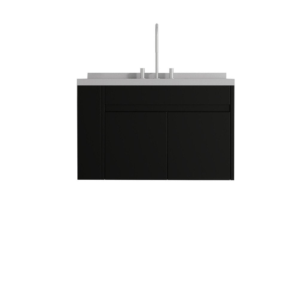 36" Black Wood Floating Double Door Bathroom Vanity With White Ceramic Sink HomeRoots