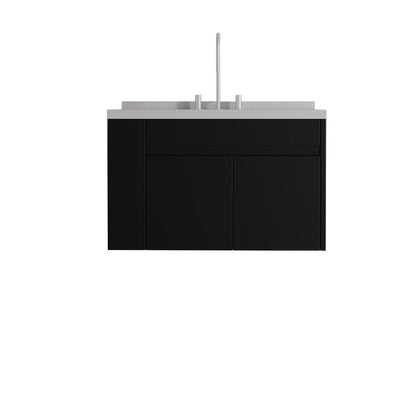 36" Black Wood Floating Double Door Bathroom Vanity With White Ceramic Sink HomeRoots