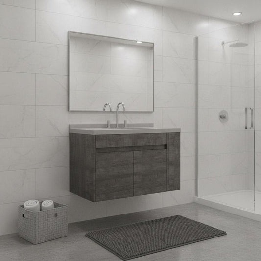 36" Gray Wood Floating Double Door Bathroom Vanity With White Ceramic Sink