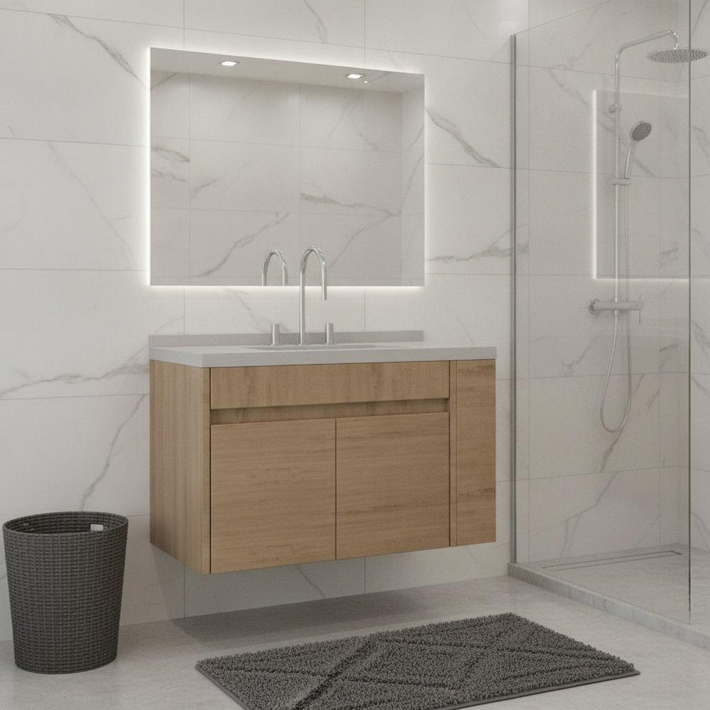 36" Brown Wood Floating Double Door Bathroom Vanity With White Ceramic Sink HomeRoots