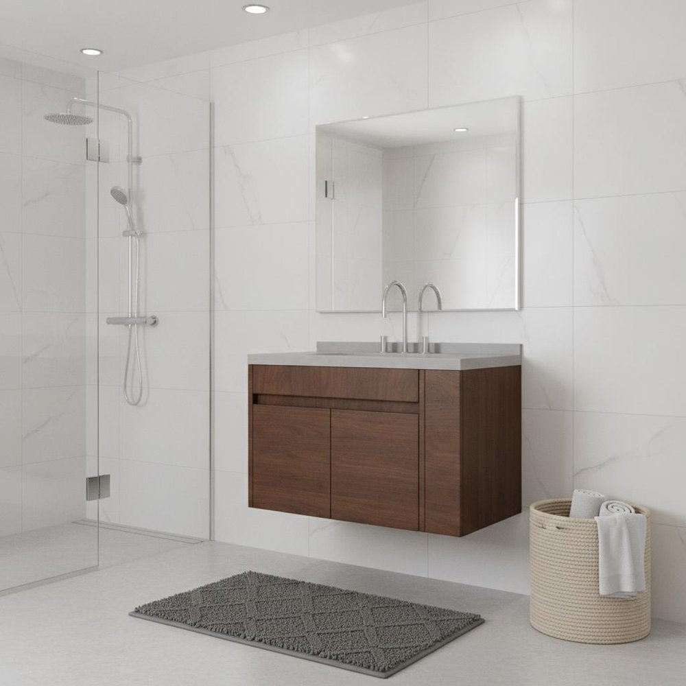 36" Brown Wood Floating Double Door Bathroom Vanity With White Ceramic Sink — view 1
