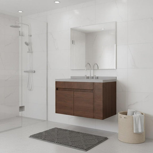 36" Brown Wood Floating Double Door Bathroom Vanity With White Ceramic Sink