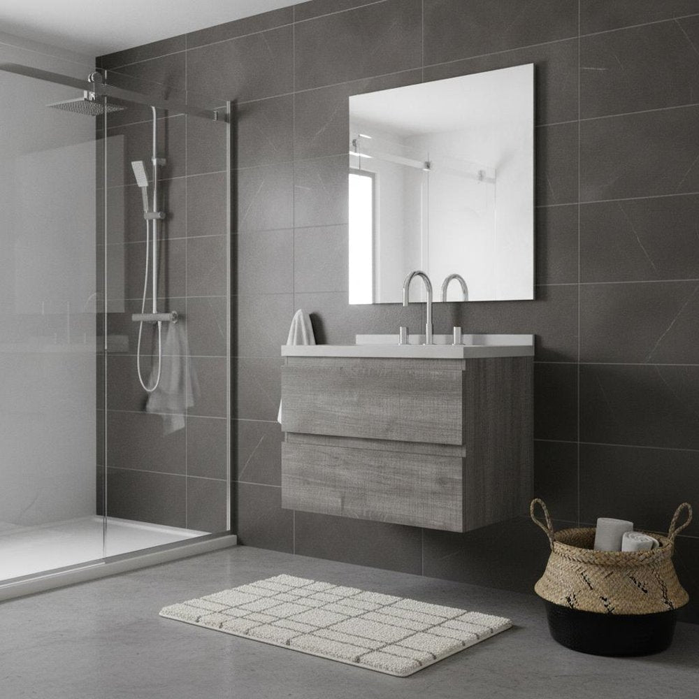 24" Gray Wood Floating Bathroom Vanity With White Ceramic Sink With Two Drawers — view 2