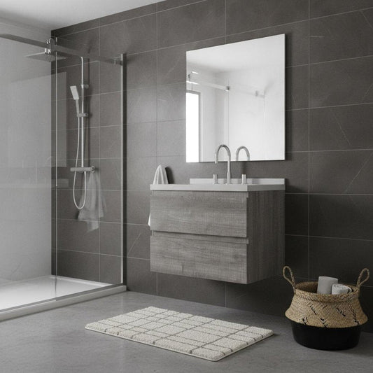 24" Gray Wood Floating Bathroom Vanity With White Ceramic Sink With Two Drawers