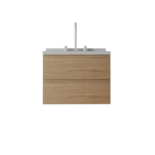 24" Brown Wood Floating Bathroom Vanity With White Ceramic Sink With Two Drawers