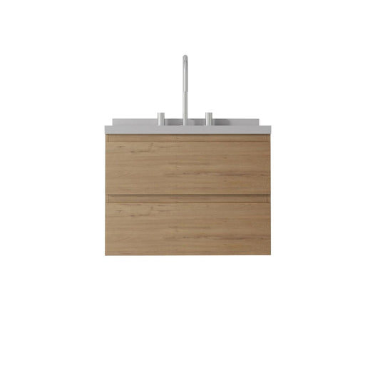 24" Brown Wood Floating Bathroom Vanity With White Ceramic Sink With Two Drawers