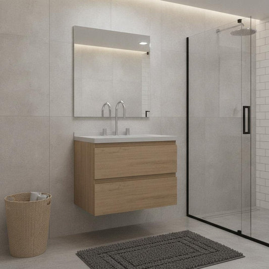 24" Brown Wood Floating Bathroom Vanity With White Ceramic Sink With Two Drawers