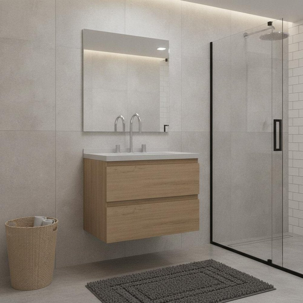 24" Brown Wood Floating Bathroom Vanity With White Ceramic Sink With Two Drawers