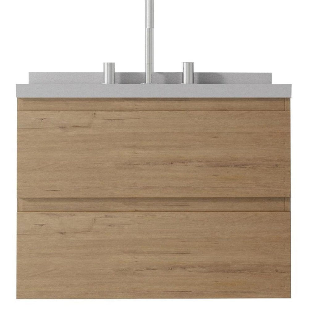 24" Brown Wood Floating Bathroom Vanity With White Ceramic Sink With Two Drawers — view 4