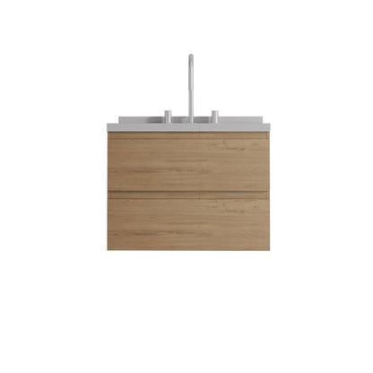 24" Brown Wood Floating Bathroom Vanity With White Ceramic Sink With Two Drawers