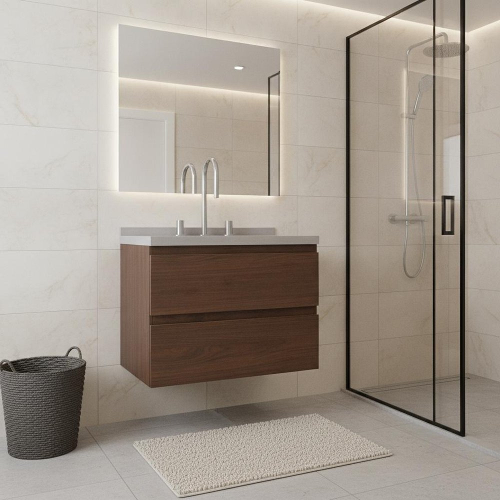 24" Brown Wood Floating Bathroom Vanity With White Ceramic Sink With Two Drawers HomeRoots
