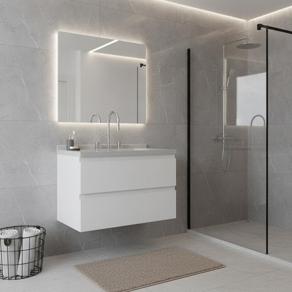 30" White Wood Floating Bathroom Vanity With Ceramic Sink With Two Drawers HomeRoots