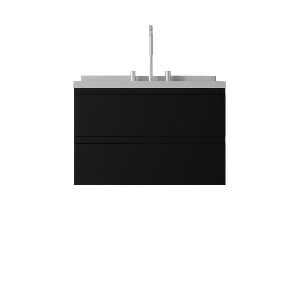 30" Black Wood Floating Bathroom Vanity With White Ceramic Sink With Two Drawers HomeRoots