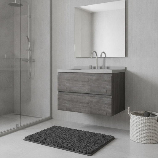 30" Gray Wood Floating Bathroom Vanity With White Ceramic Sink With Two Drawers