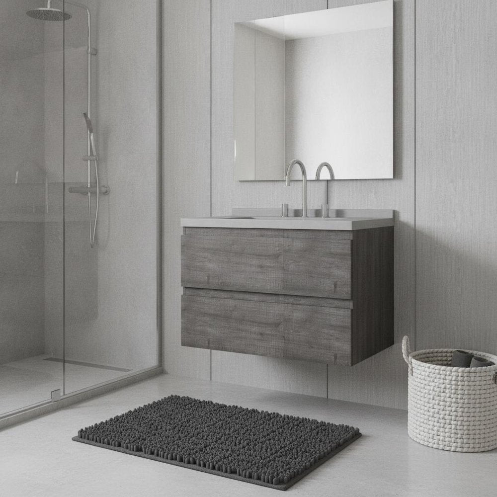 30" Gray Wood Floating Bathroom Vanity With White Ceramic Sink With Two Drawers HomeRoots