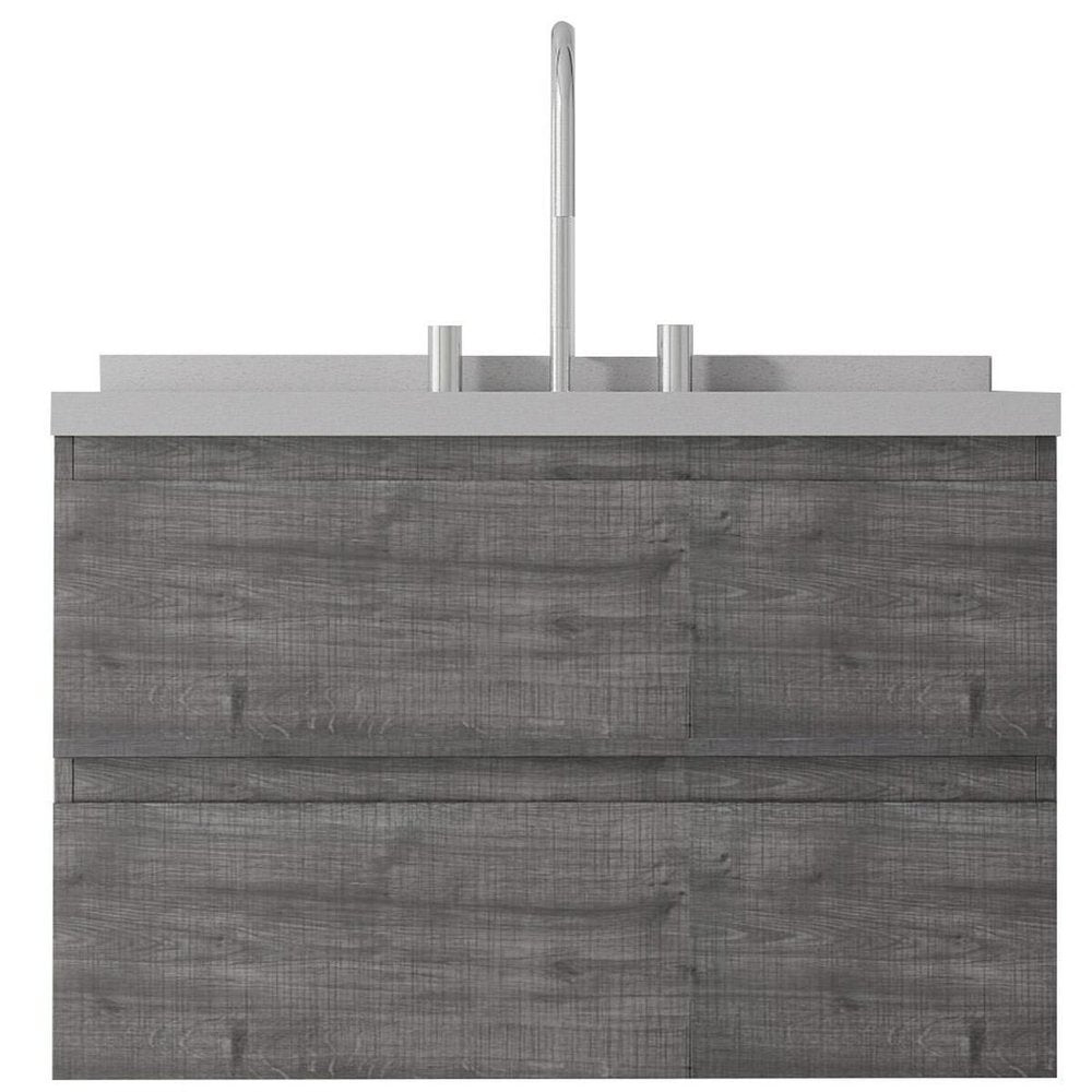 30" Gray Wood Floating Bathroom Vanity With White Ceramic Sink With Two Drawers — view 3