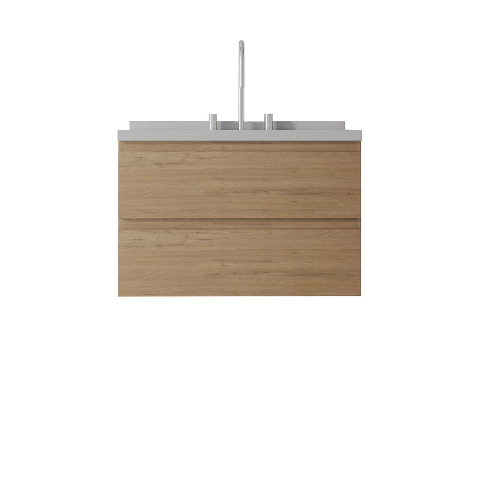 30" Brown Wood Floating Bathroom Vanity With White Ceramic Sink With Two Drawers HomeRoots