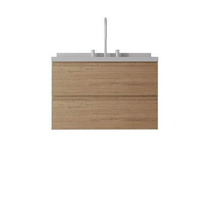 30" Brown Wood Floating Bathroom Vanity With White Ceramic Sink With Two Drawers HomeRoots