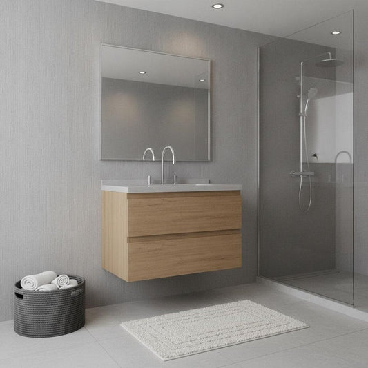 30" Brown Wood Floating Bathroom Vanity With White Ceramic Sink With Two Drawers