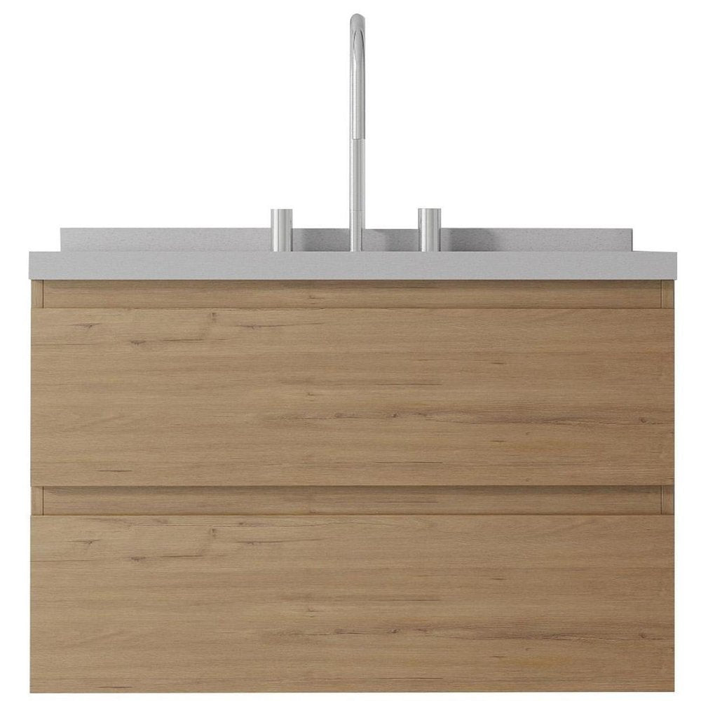 30" Brown Wood Floating Bathroom Vanity With White Ceramic Sink With Two Drawers — view 3