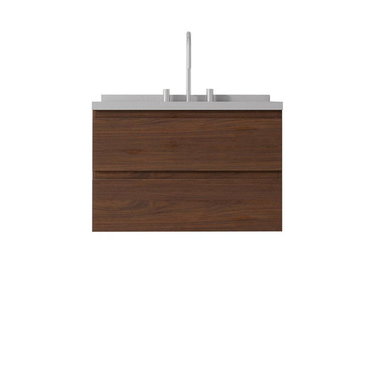 30" Brown Wood Floating Bathroom Vanity With White Ceramic Sink With Two Drawers