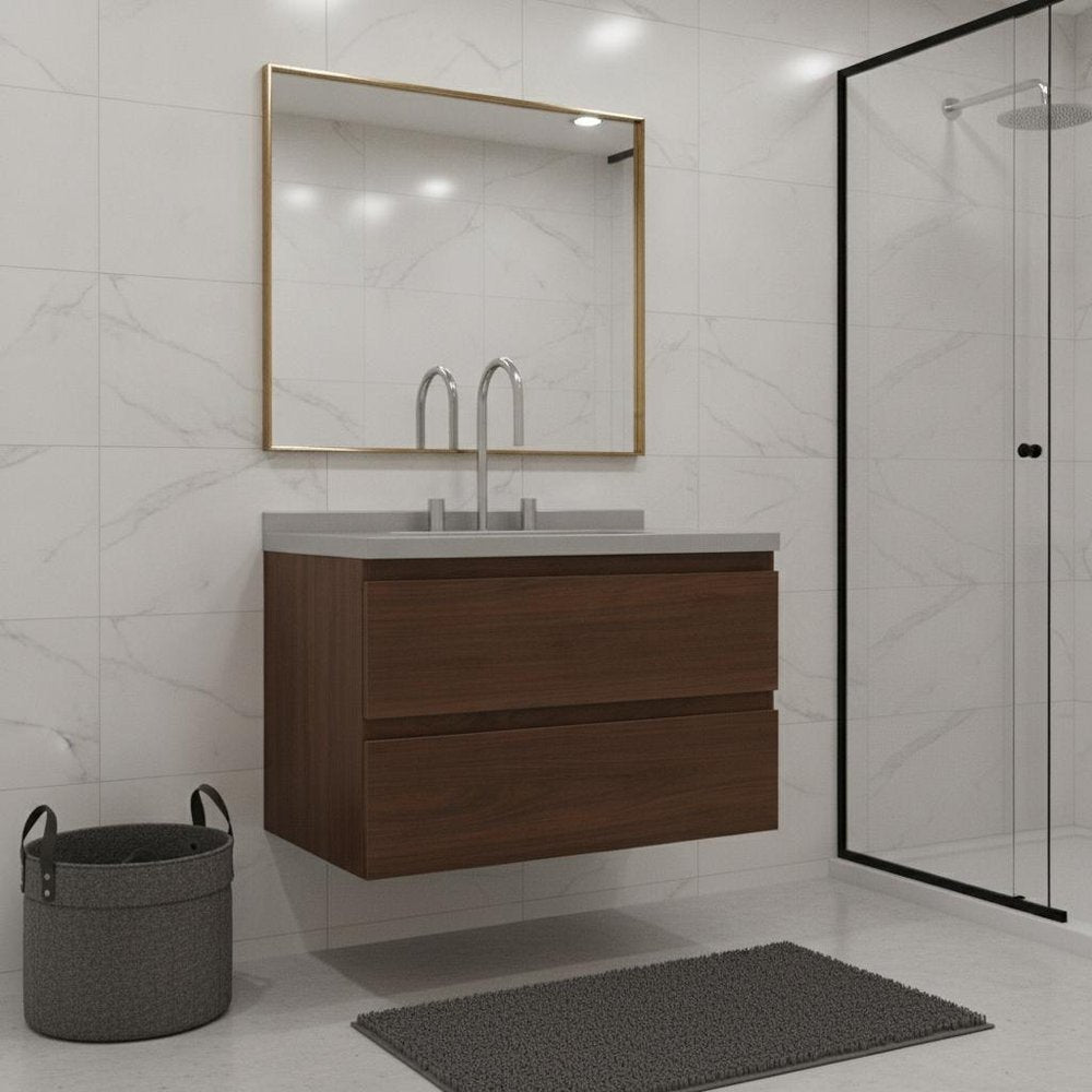 30" Brown Wood Floating Bathroom Vanity With White Ceramic Sink With Two Drawers