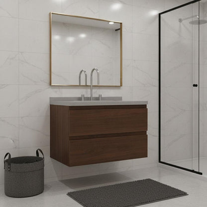 30" Brown Wood Floating Bathroom Vanity With White Ceramic Sink With Two Drawers
