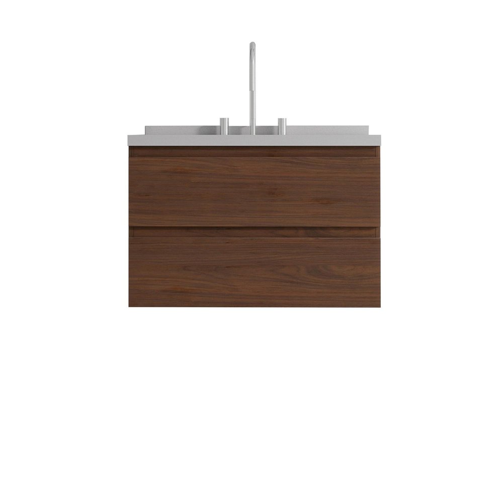 30" Brown Wood Floating Bathroom Vanity With White Ceramic Sink With Two Drawers — view 3