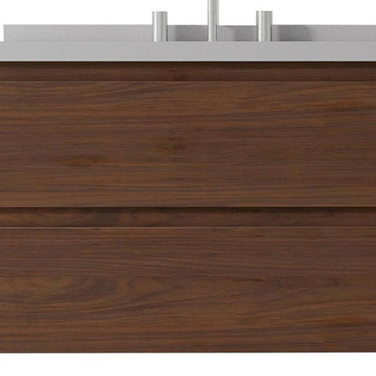 30" Brown Wood Floating Bathroom Vanity With White Ceramic Sink With Two Drawers