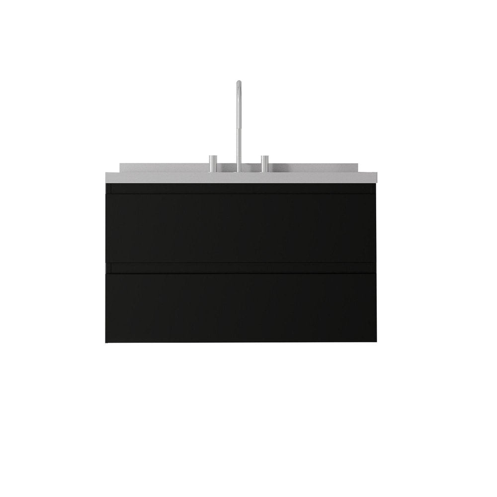 36" Black Wood Floating Bathroom Vanity With White Ceramic Sink With Two Drawers HomeRoots