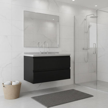 36" Black Wood Floating Bathroom Vanity With White Ceramic Sink With Two Drawers HomeRoots