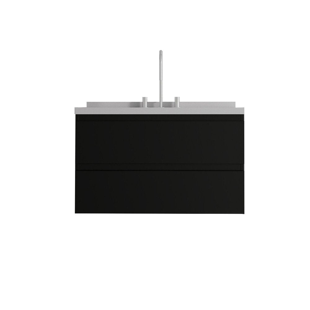36" Black Wood Floating Bathroom Vanity With White Ceramic Sink With Two Drawers — view 3
