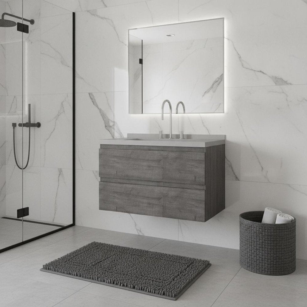 36" Gray Wood Floating Bathroom Vanity With White Ceramic Sink With Two Drawers — view 2