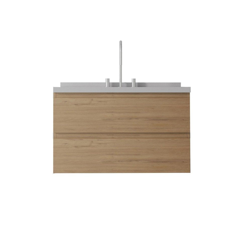36" Brown Wood Floating Bathroom Vanity With White Ceramic Sink With Two Drawers HomeRoots