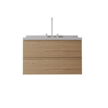 36" Brown Wood Floating Bathroom Vanity With White Ceramic Sink With Two Drawers HomeRoots