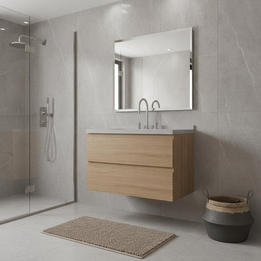 36" Brown Wood Floating Bathroom Vanity With White Ceramic Sink With Two Drawers HomeRoots