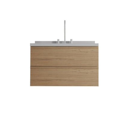 36" Brown Wood Floating Bathroom Vanity With White Ceramic Sink With Two Drawers HomeRoots
