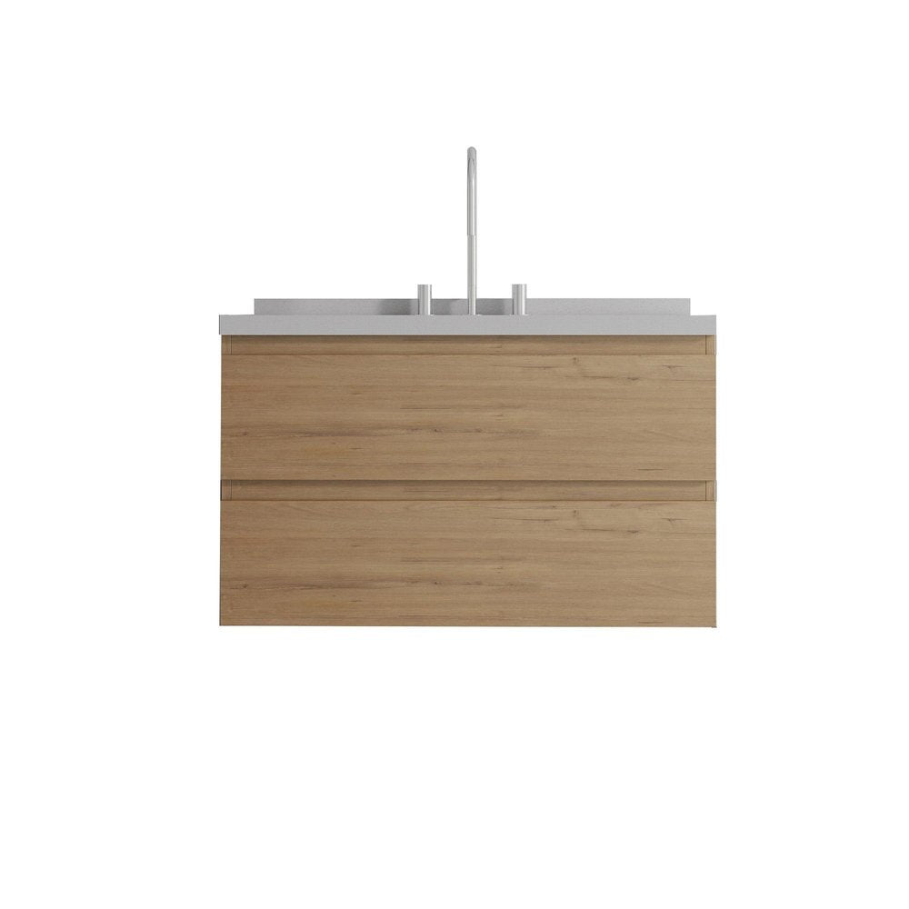 36" Brown Wood Floating Bathroom Vanity With White Ceramic Sink With Two Drawers — view 3