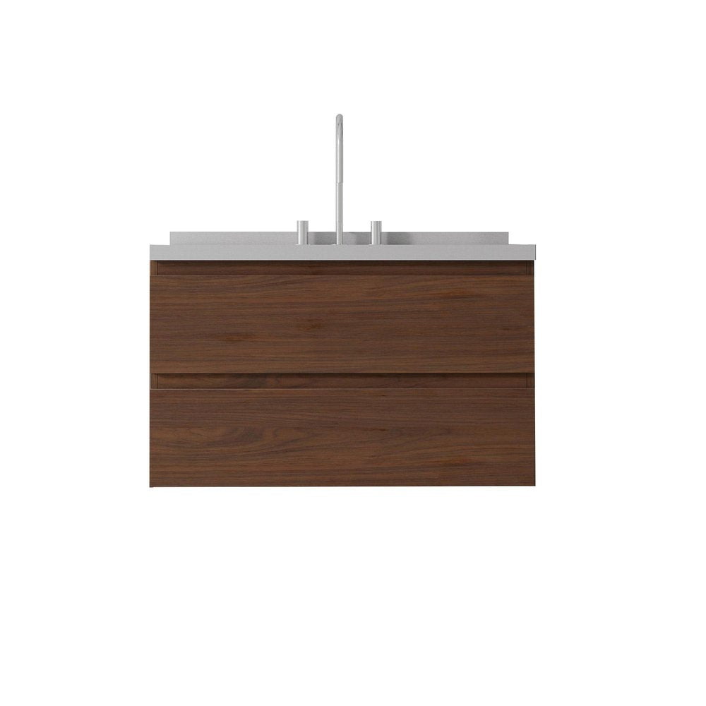 36" Brown Wood Floating Bathroom Vanity With White Ceramic Sink With Two Drawers — view 1