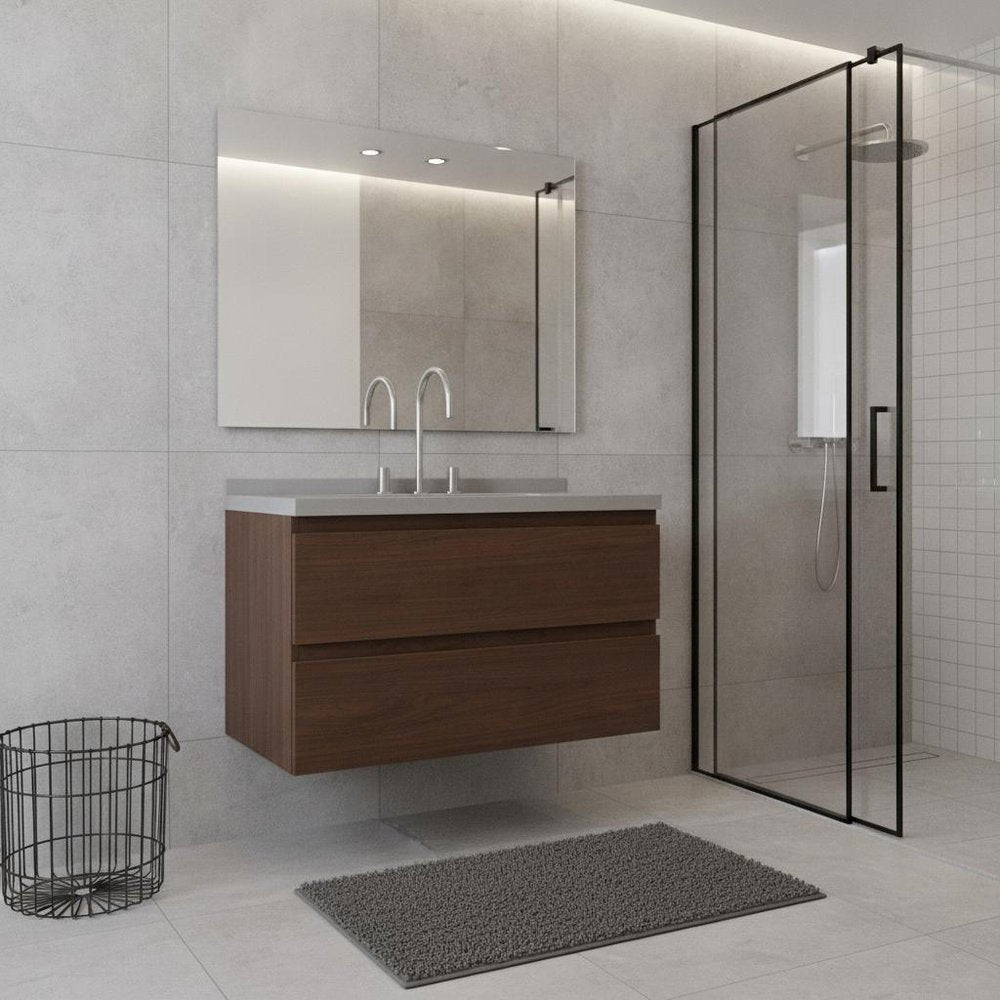 36" Brown Wood Floating Bathroom Vanity With White Ceramic Sink With Two Drawers — view 2