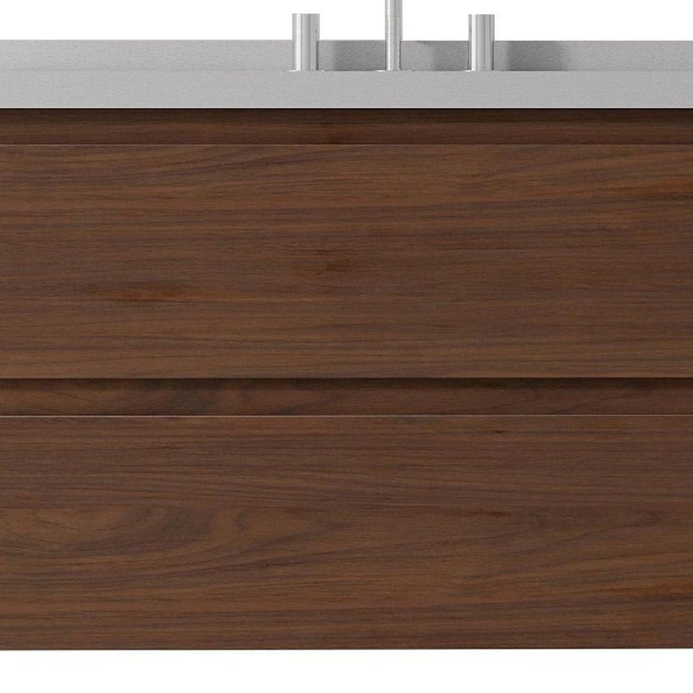 36" Brown Wood Floating Bathroom Vanity With White Ceramic Sink With Two Drawers — view 3