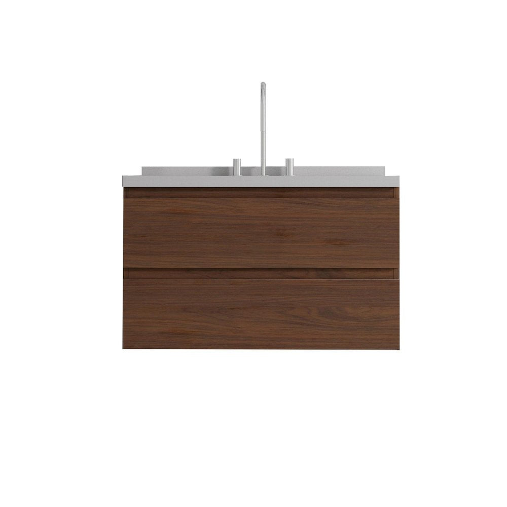36" Brown Wood Floating Bathroom Vanity With White Ceramic Sink With Two Drawers — view 4